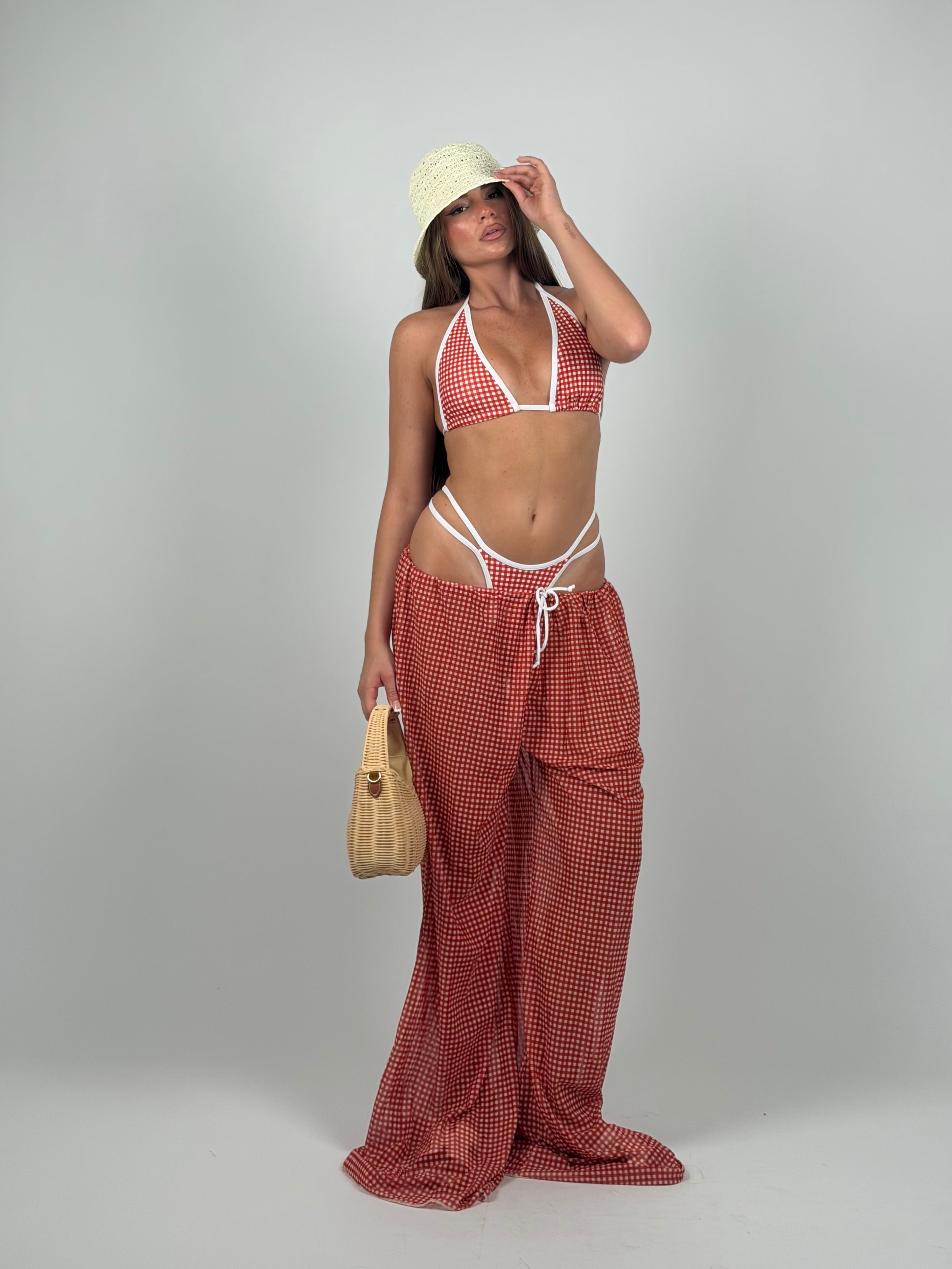 Set 3 pezzi costume e pantalone quadri red