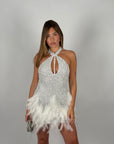 Mini dress luxury white con perle e piume