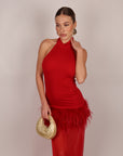 Long dress con piume rosso