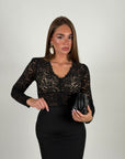 Top in pizzo manica lunga nero/nude