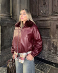 Bomber Crop in pelle bordeaux