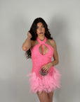 Mini dress luxury pink con perle e piume