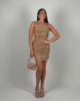 Mini dress scollo America con cristalli nude