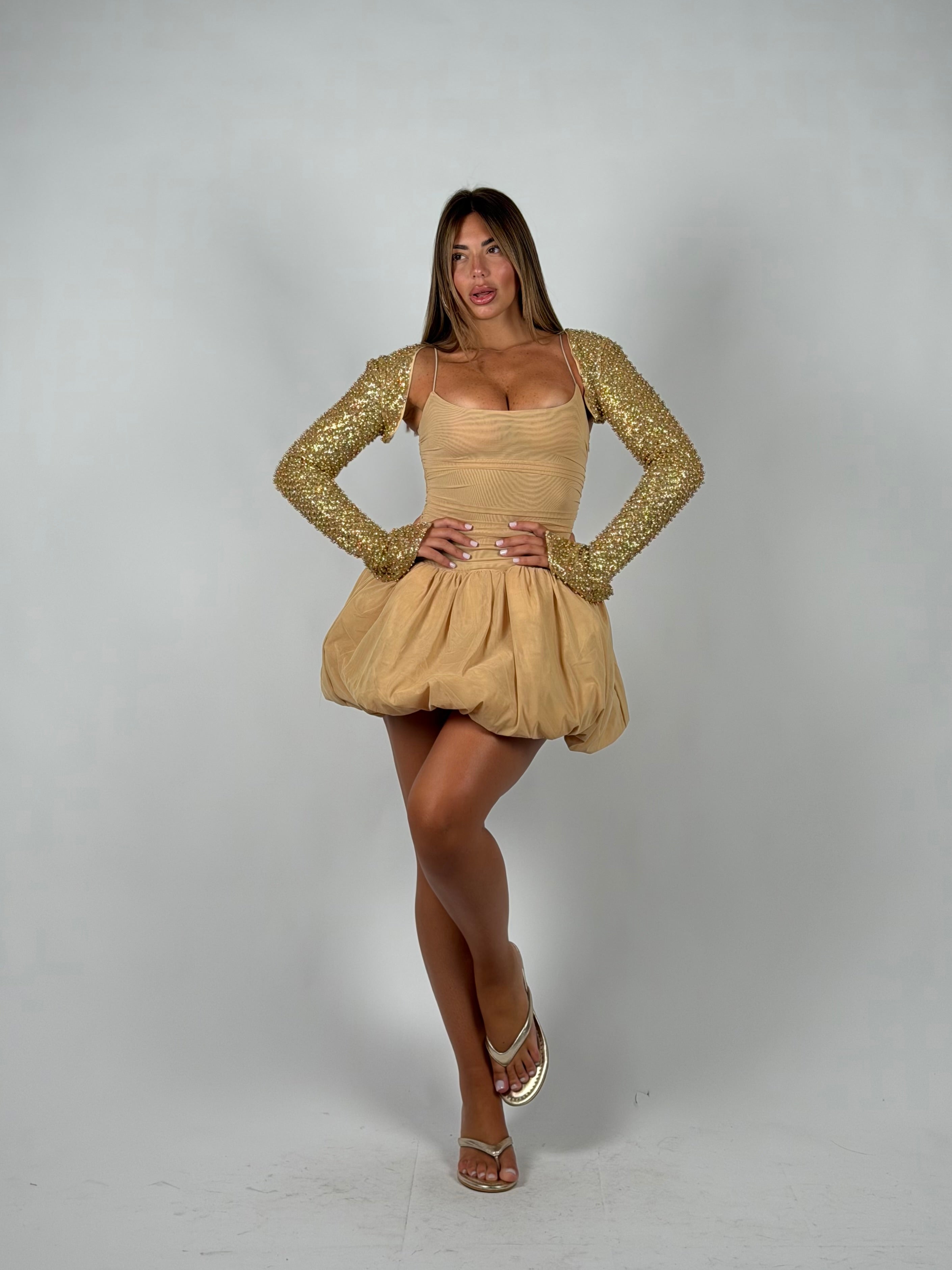 Mini dress balloon con copri spalle oro