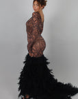 Dress luxury con piume e strass nero/nude