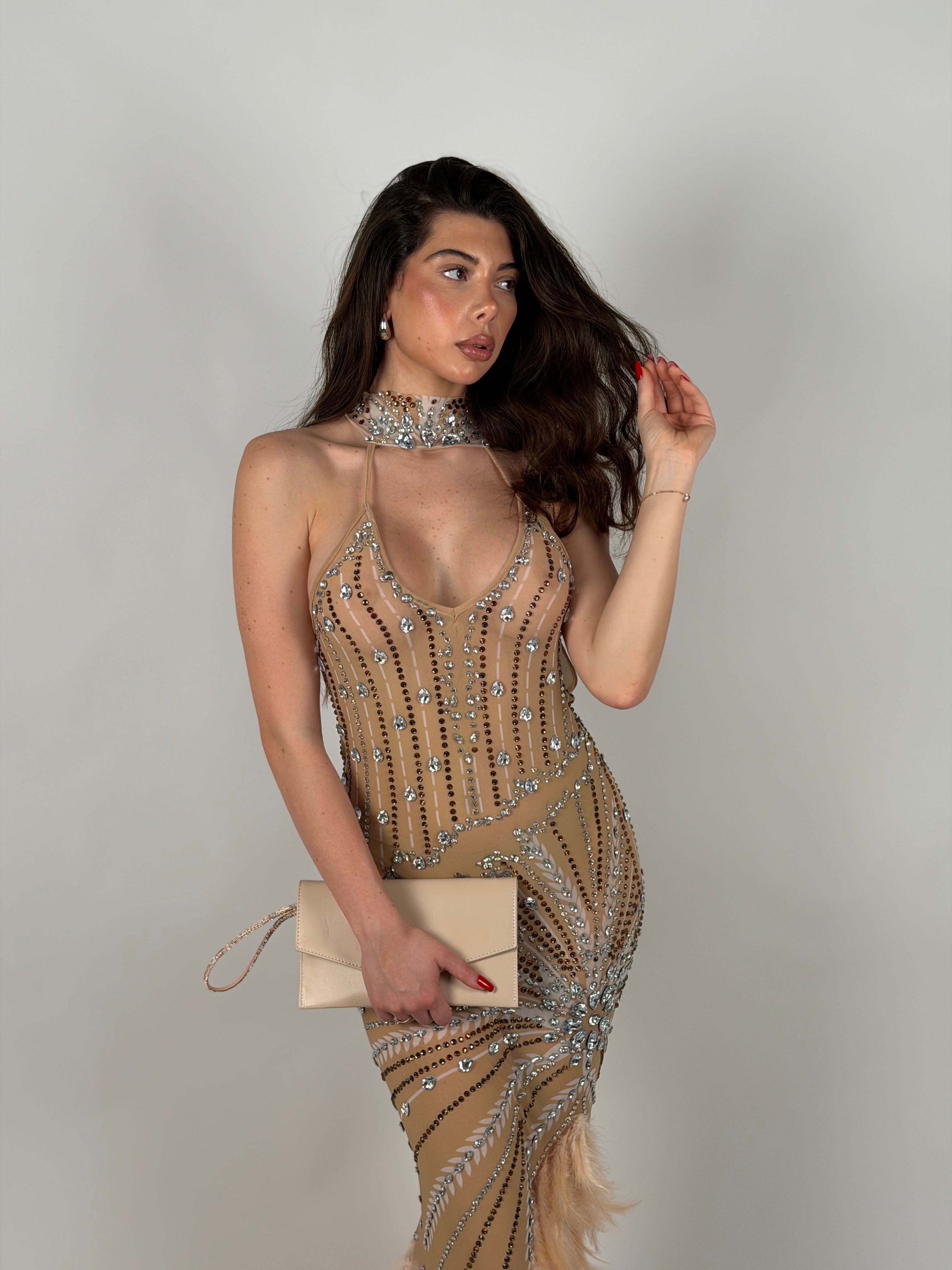Dress luxury con piume e strass pesca