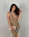 Dress luxury con piume e strass pesca