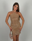 Mini dress scollo America con cristalli nude
