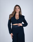 Giacca atena Crop e rever in raso blu navy